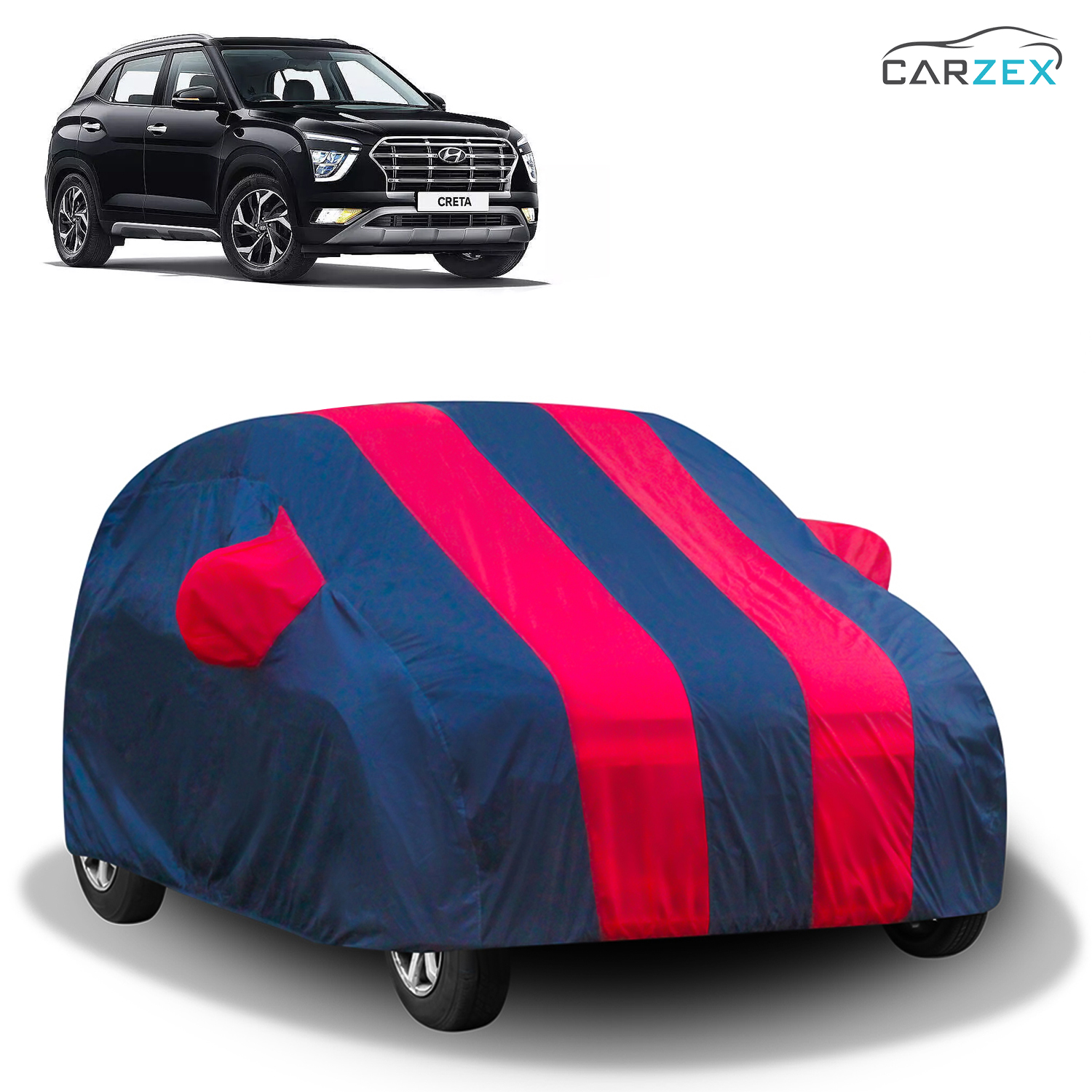 Carzex Stylish Red & Blue Stripes Car Body Cover with Mirror & Antenna Pockets for Hyundai Creta